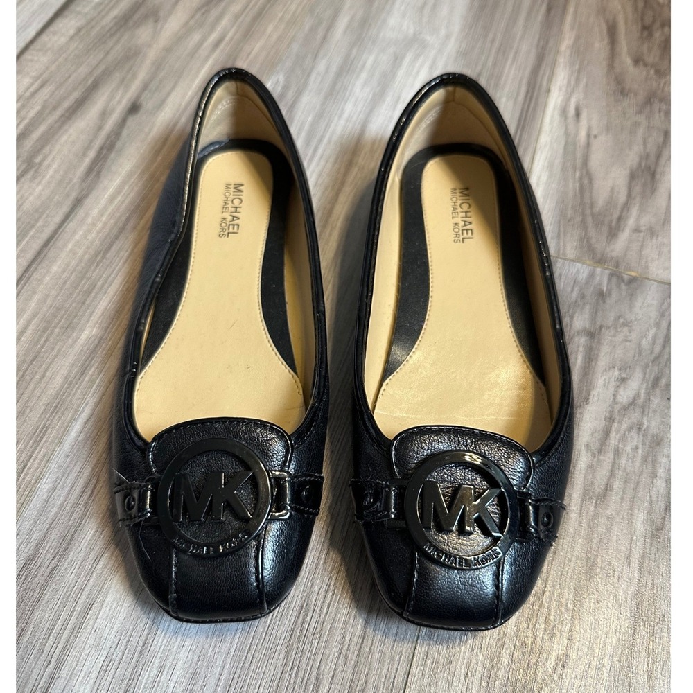 Michael Kors Fulton Moc Black Leather Ballet Flats MK Logo Loafers Womens Size 5